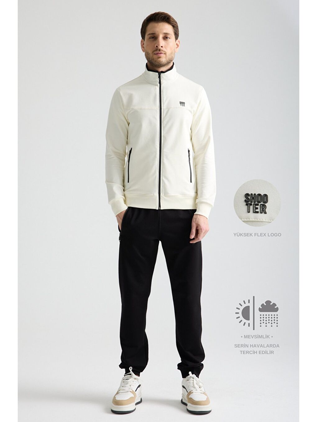 Ekru  Erkek Luxe Eşofman Takımı Rahat Kalıp Manşetli Minimal Logo