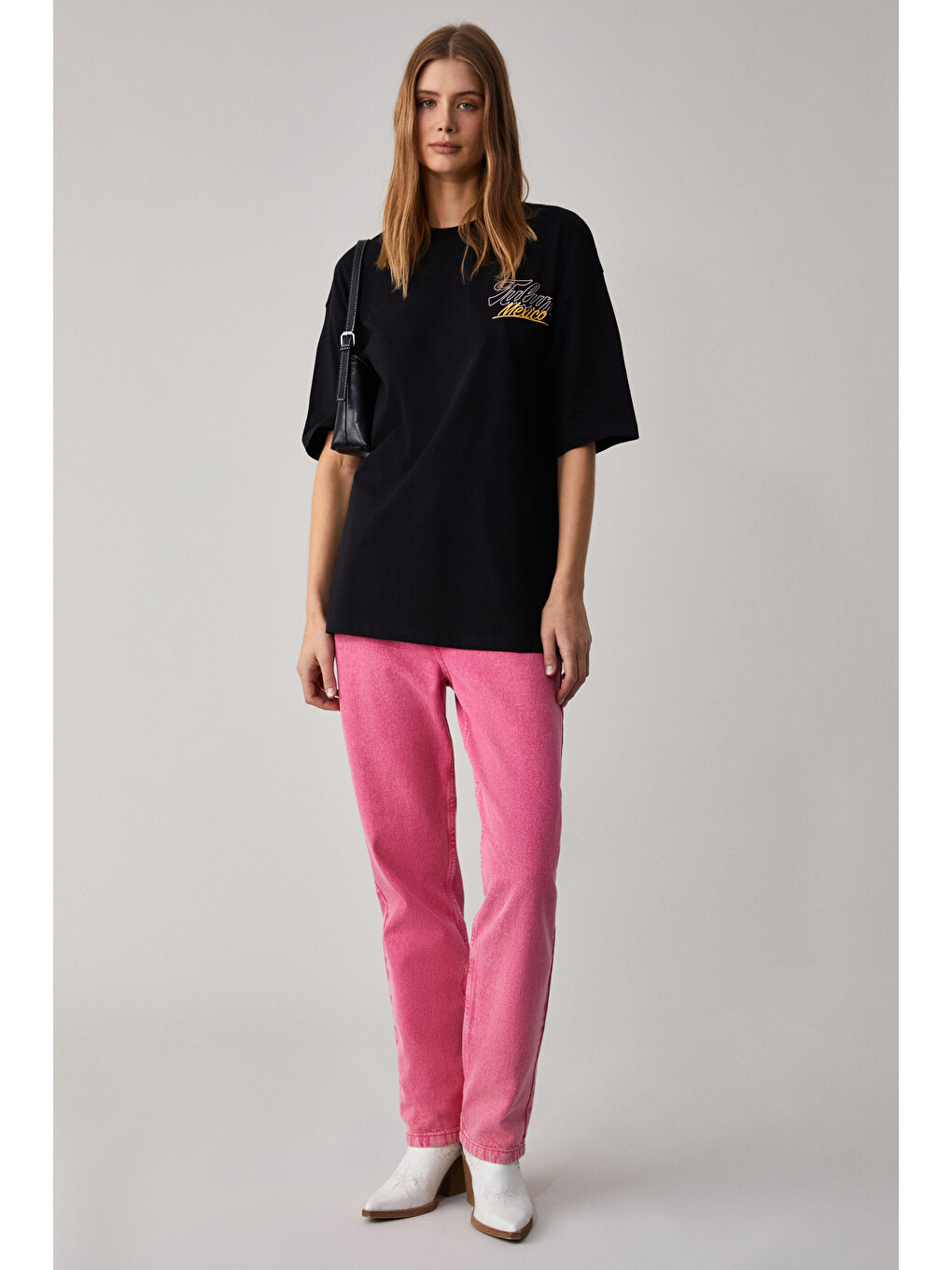 Siyah CAITLYN Kadın Oversize Bisiklet Yaka SİYAH T-Shirt-1