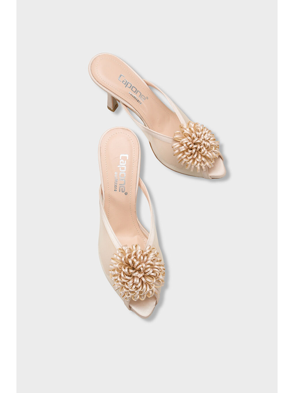 Bej Caitrin Fileli Saten Orta Topuklu Kadın Terlik-4