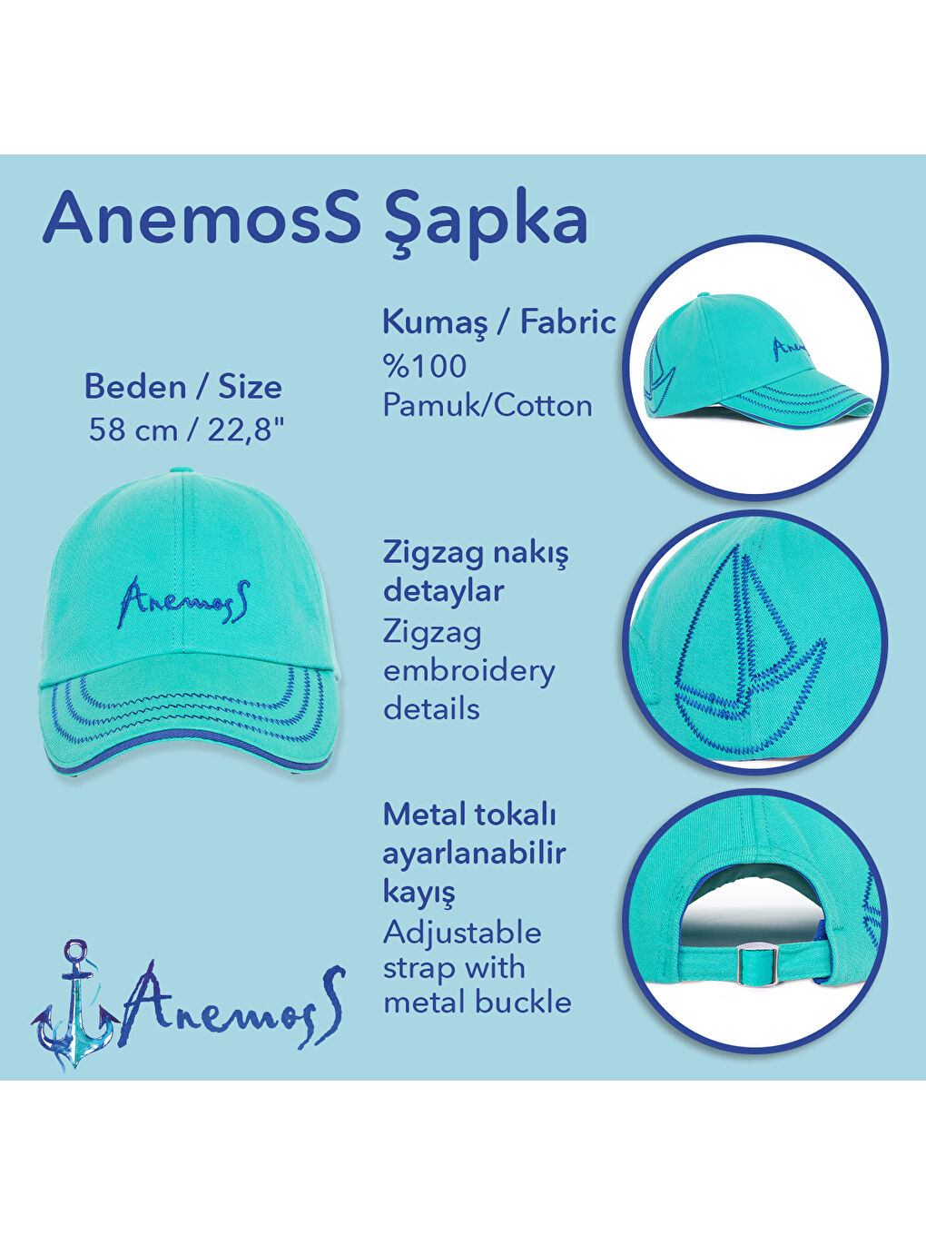 Turkuaz Yelken Nakışlı Yazlık Şapka – Pamuklu, Hafif ve Nefes Alabilir Kumaş-5