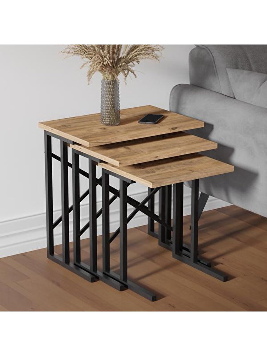 Kahverengi Metal Ayaklı Eco X Zigon Sehpa - Atlantik Çam - 54x35x53 cm