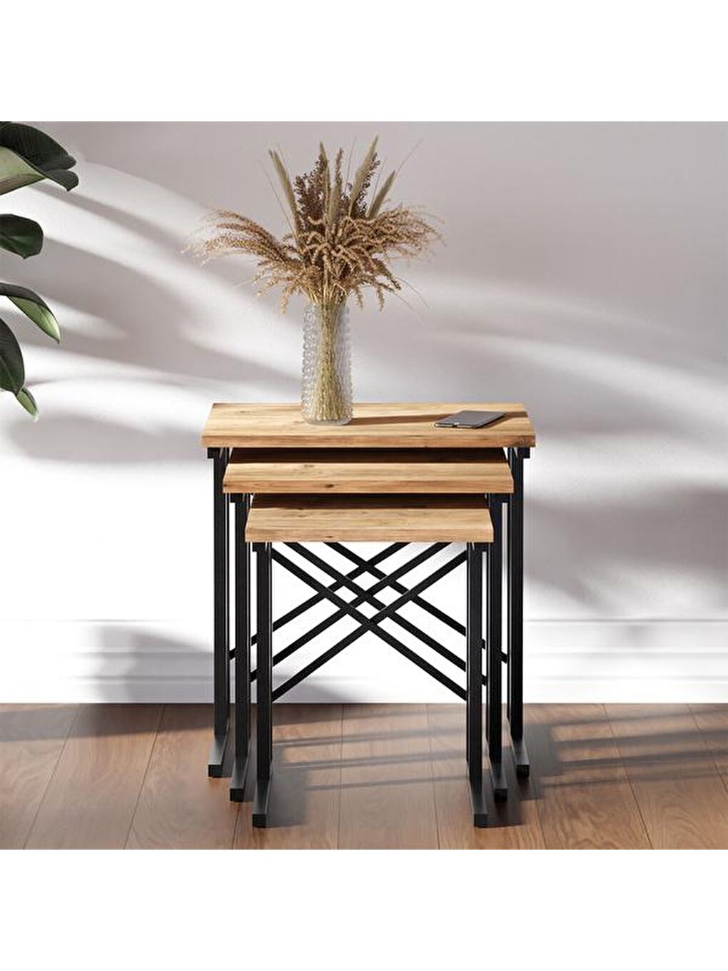 Kahverengi Metal Ayaklı Eco X Zigon Sehpa - Atlantik Çam - 54x35x53 cm-1