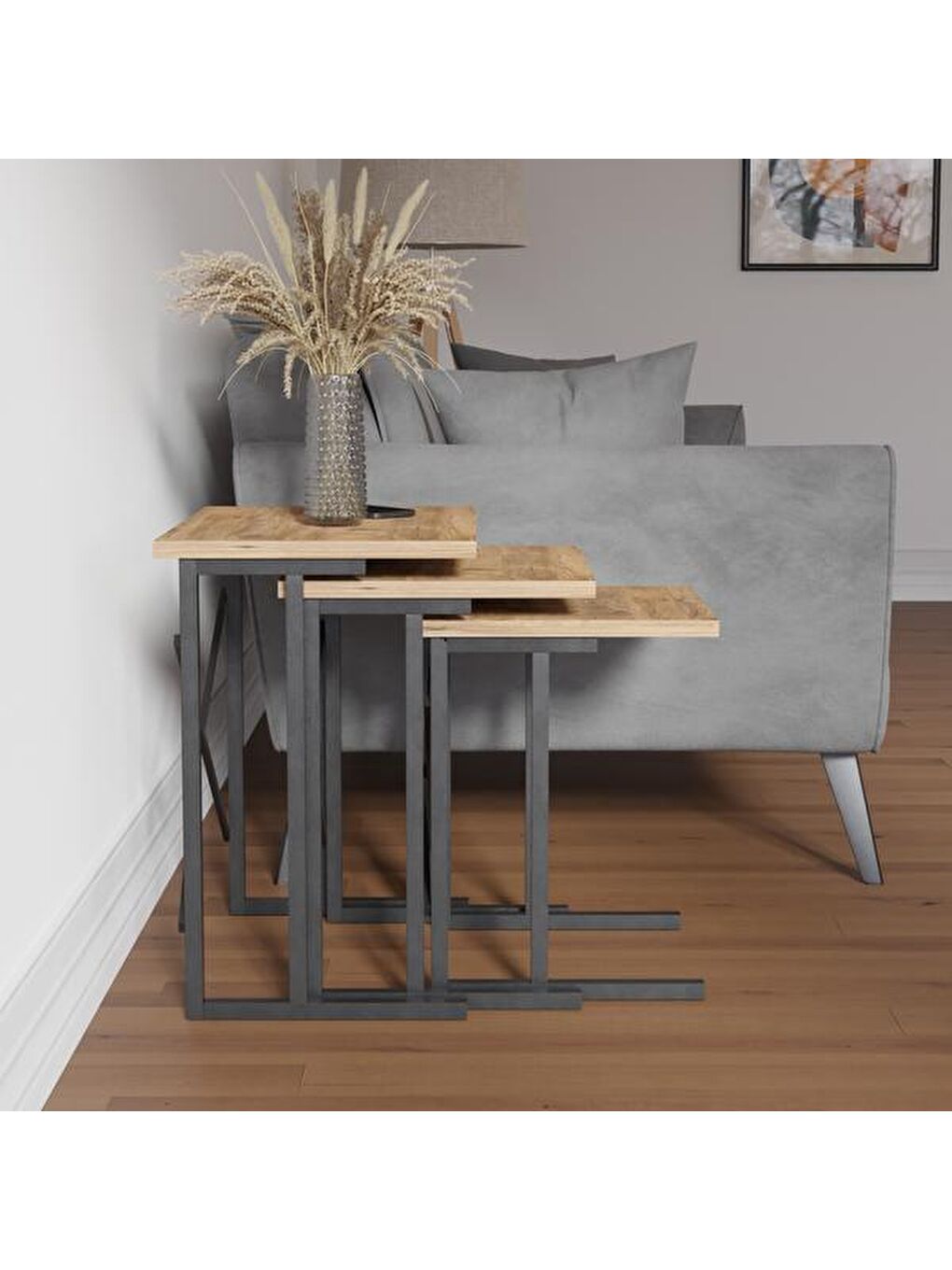 Kahverengi Metal Ayaklı Eco X Zigon Sehpa - Atlantik Çam - 54x35x53 cm-2