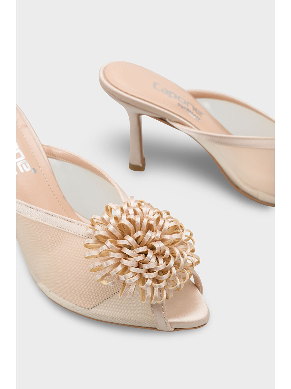 Bej Caitrin Fileli Saten Orta Topuklu Kadın Terlik-5