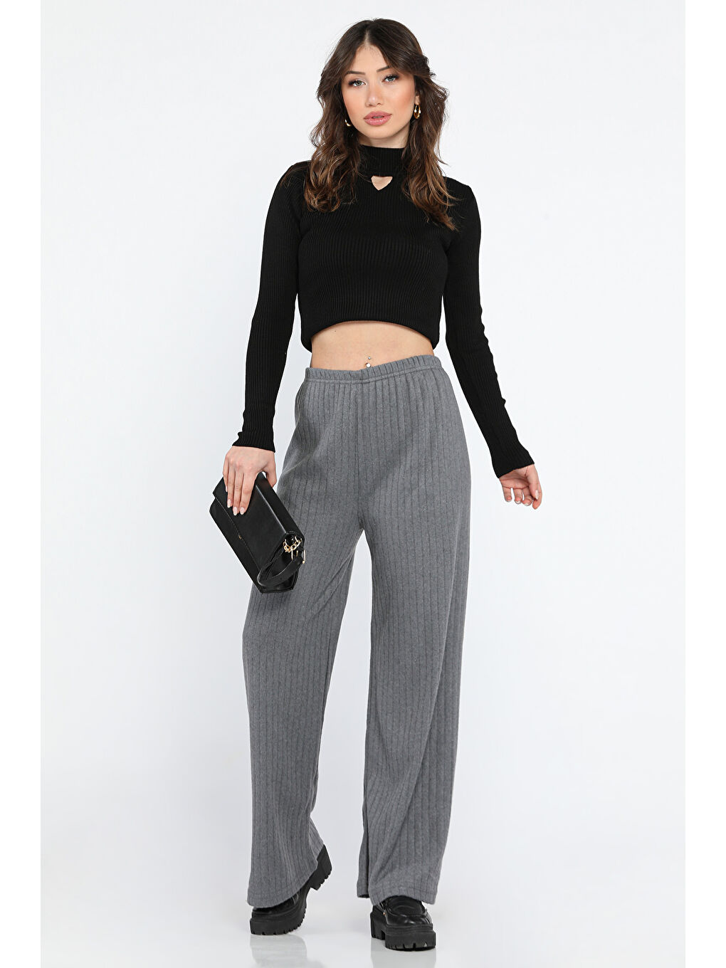 Antrasit Kadın Bol Paça Fitilli Pantolon-1