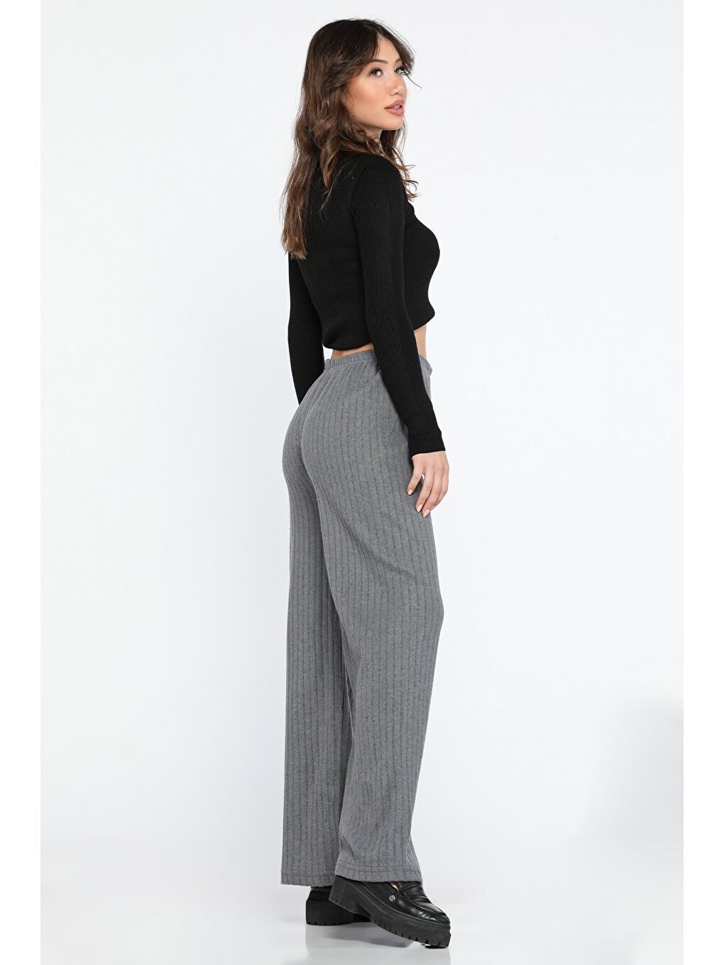 Antrasit Kadın Bol Paça Fitilli Pantolon-2