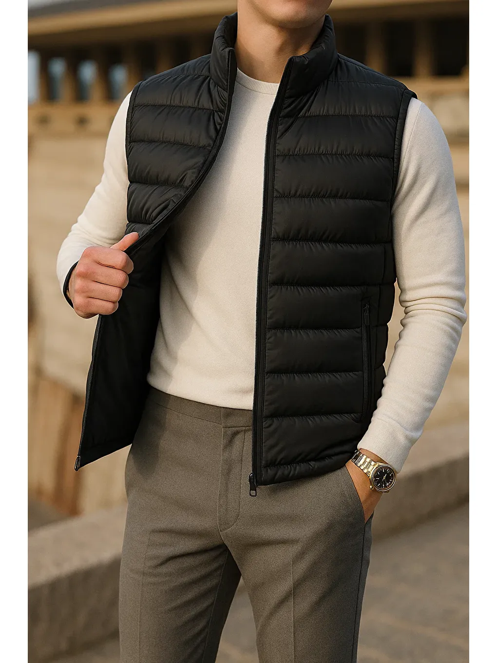 Erkek Kışlık Comfort Kolsuz Astarlı Siyah Şişme Yelek-1