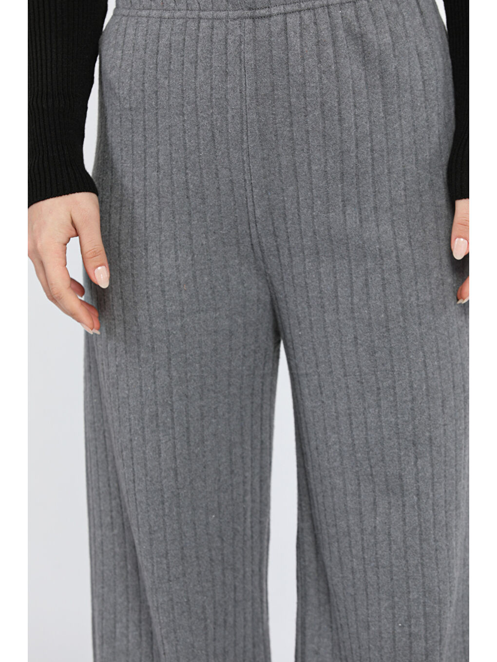 Antrasit Kadın Bol Paça Fitilli Pantolon-3
