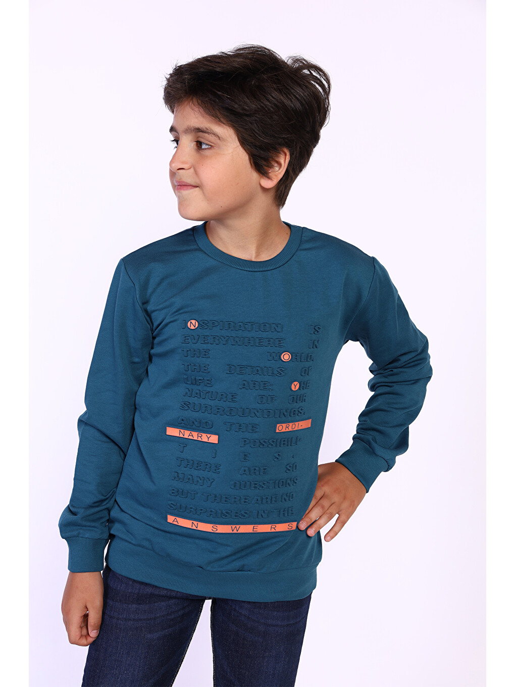 Petrol Erkek Çocuk Kabartma Baskılı Sweatshirt