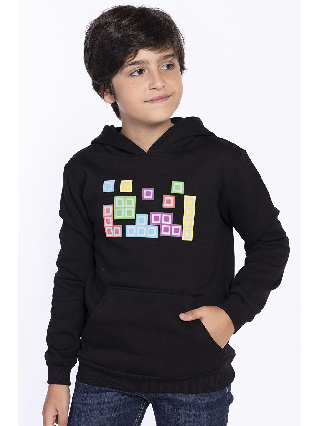 Siyah Erkek Çocuk Baskılı Kanguru Cepli Sweatshirt-1