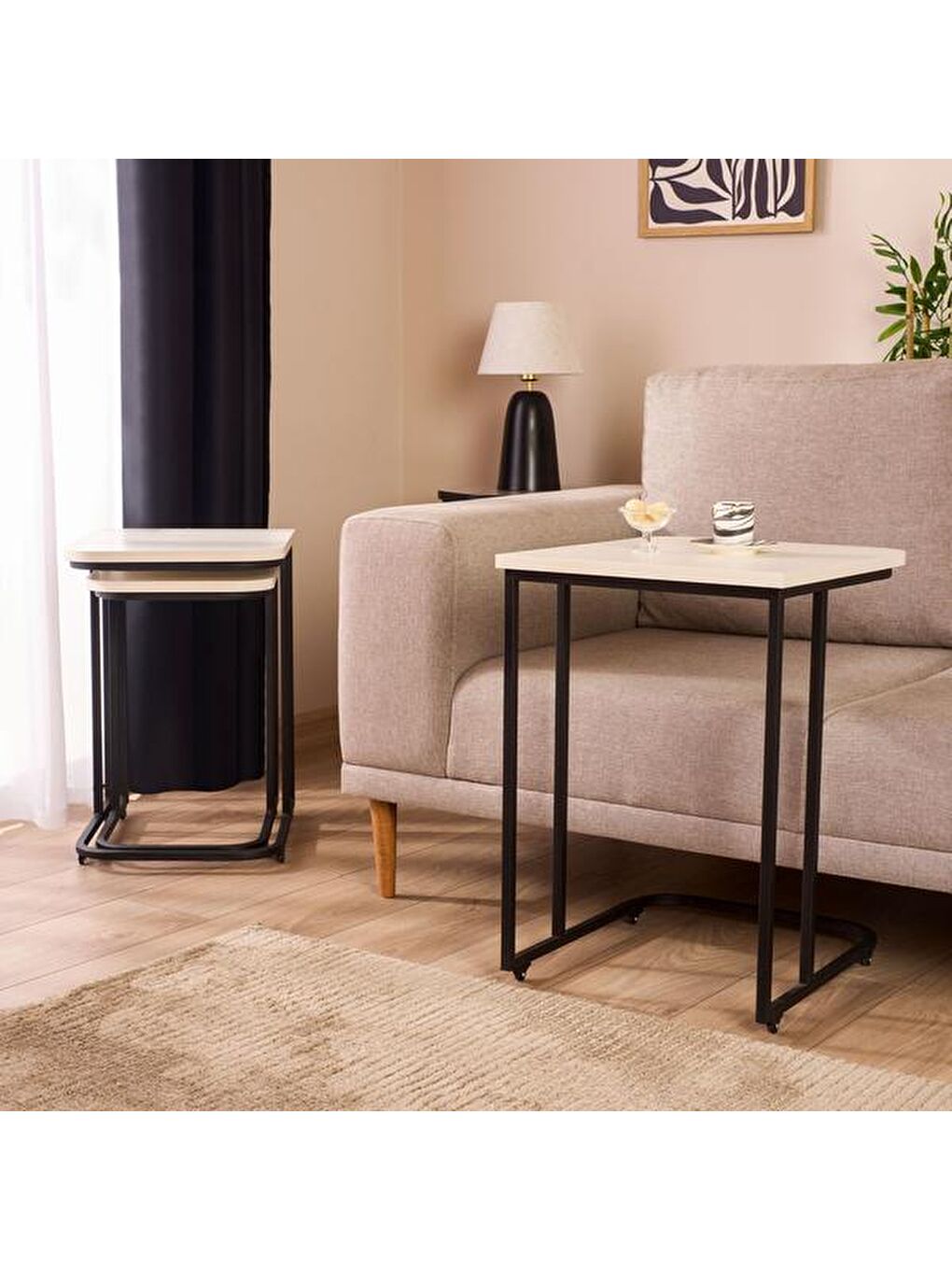 Ekru Metal Ayaklı Tekerlekli C Sehpa - Krem-8