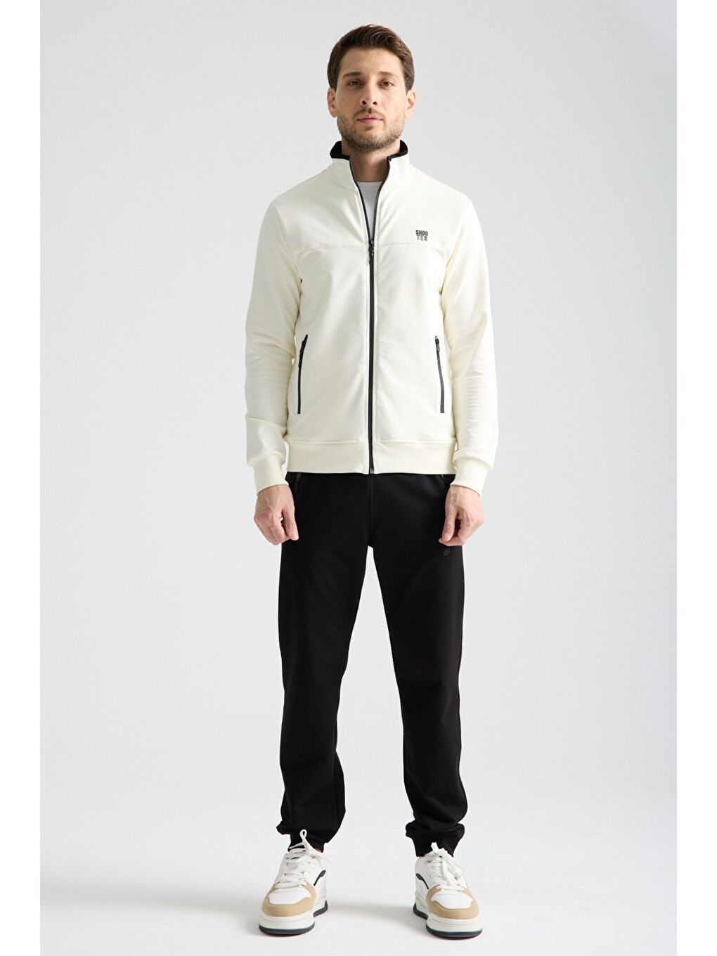 Ekru  Erkek Luxe Eşofman Takımı Rahat Kalıp Manşetli Minimal Logo-6