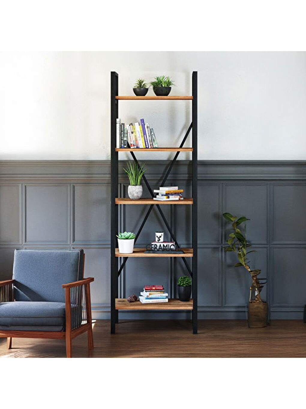 Kahverengi 5 Raflı Metal Kitaplık - Atlantik Çam - 180x34x60 cm-1