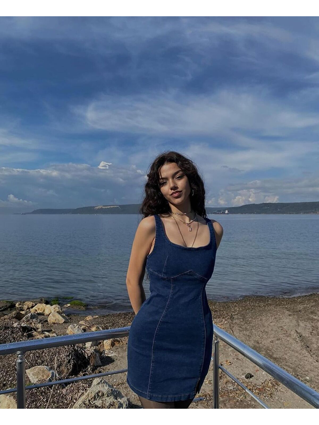 Meecy Kadın Mavi Askılı Jean Elbise - 1