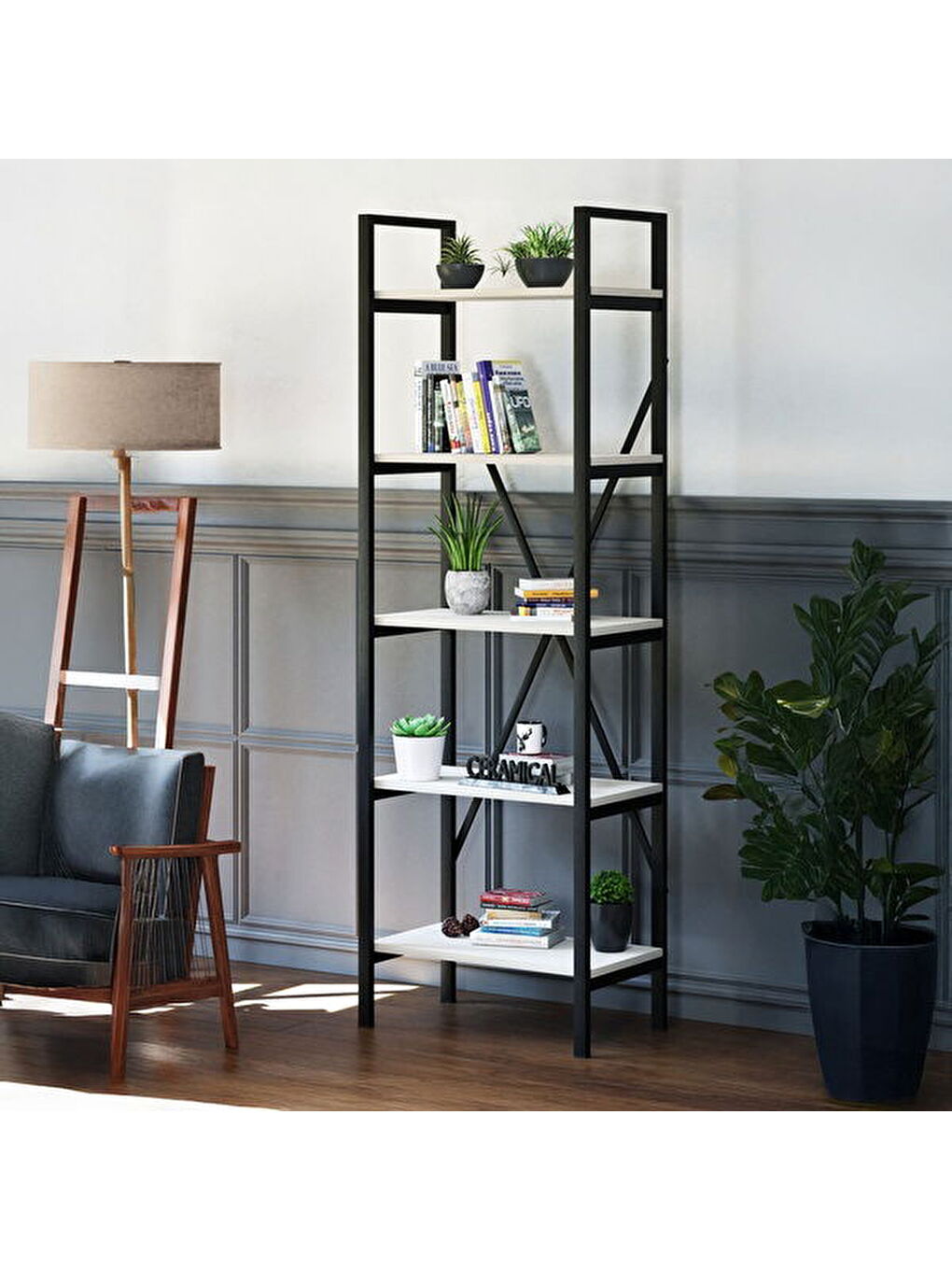 5 Raflı Metal Kitaplık - Beyaz - 180x34x60 cm