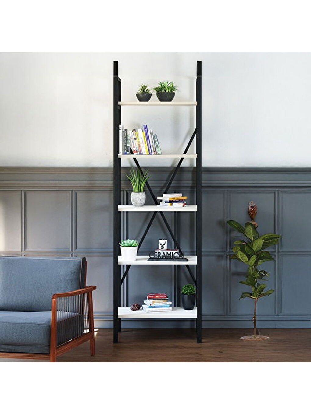 5 Raflı Metal Kitaplık - Beyaz - 180x34x60 cm-2