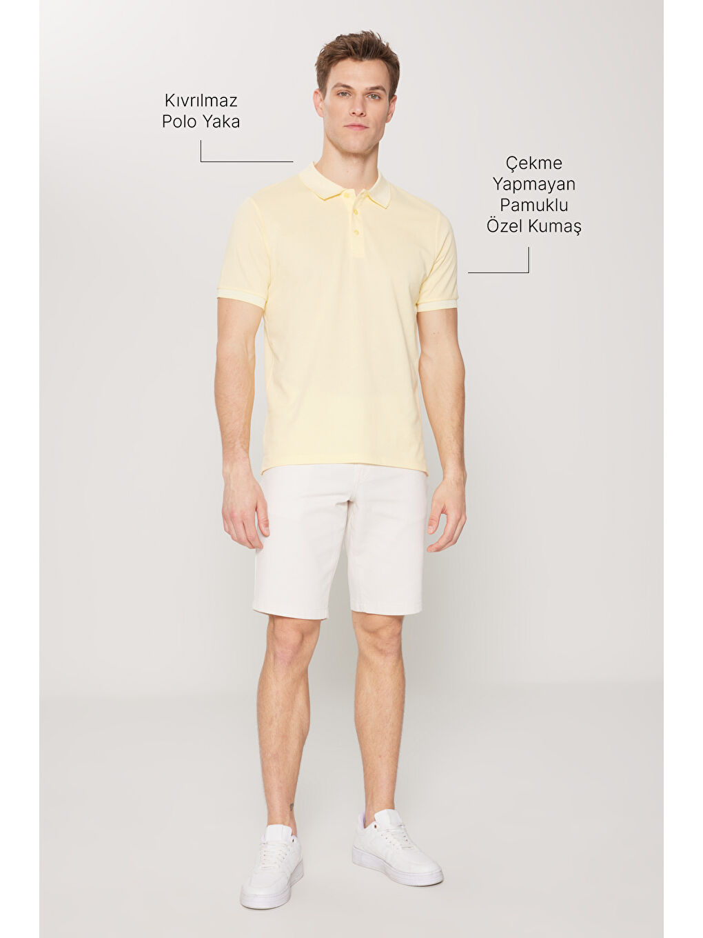 Erkek Sarı-Beyaz Slim Fit Dar Kesim Kıvrılmaz Polo Yaka Kısa Kollu Tişört-1