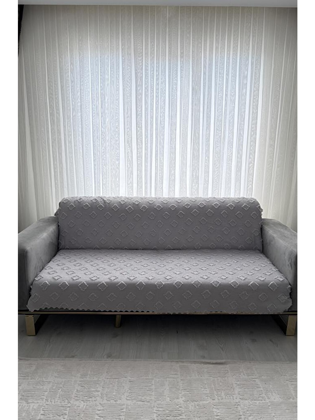Fitilli Pondü 170x210 Cm Kaymaz Taban Koltuk Örtüsü Gri