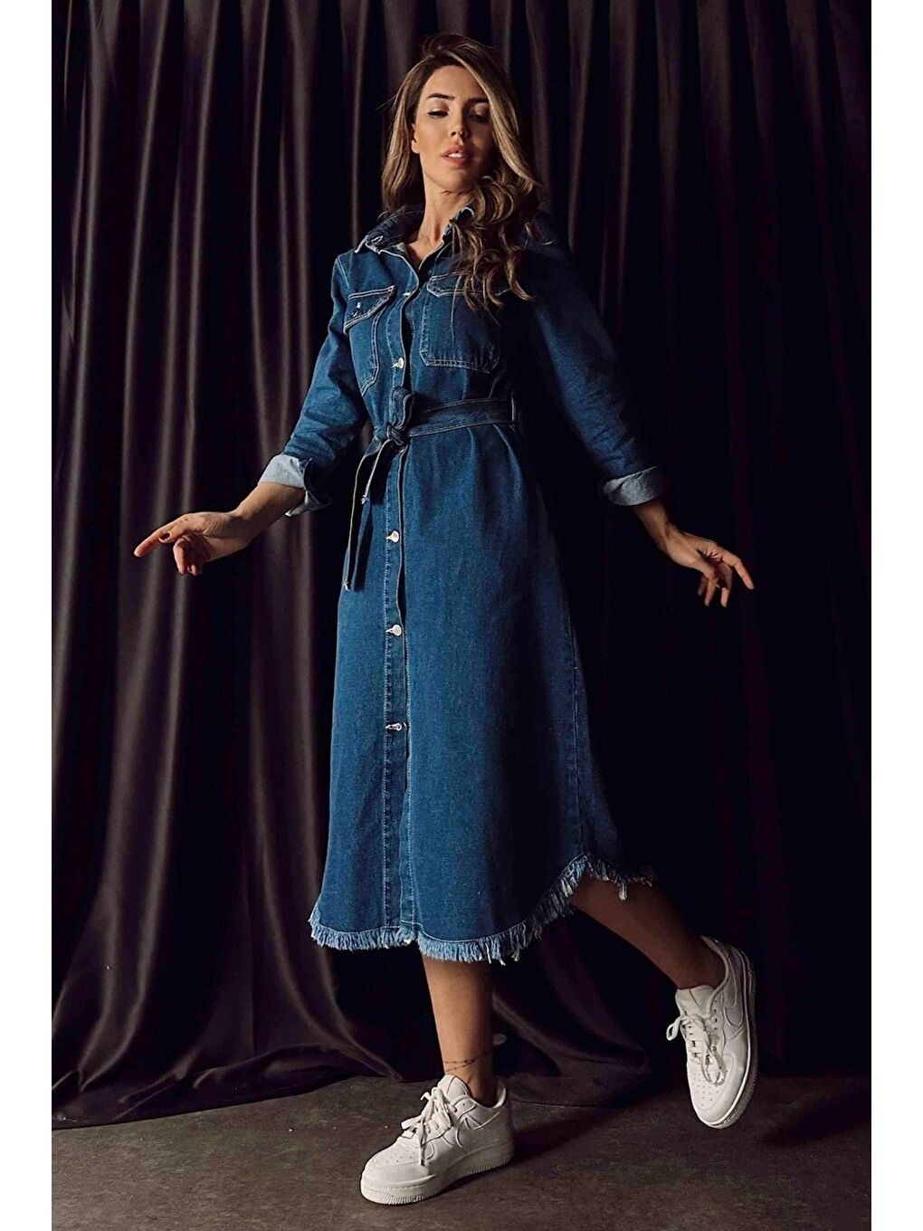 Lacivert Sagi Kadın Kuşaklı Denim Midi Elbise-1