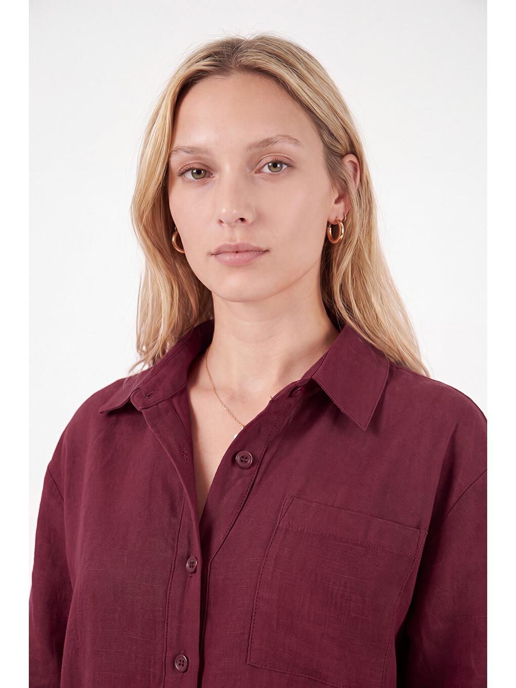 Bordo Modal Oversize Fit Uzun Kollu Kadın Gömlek 6834612-4