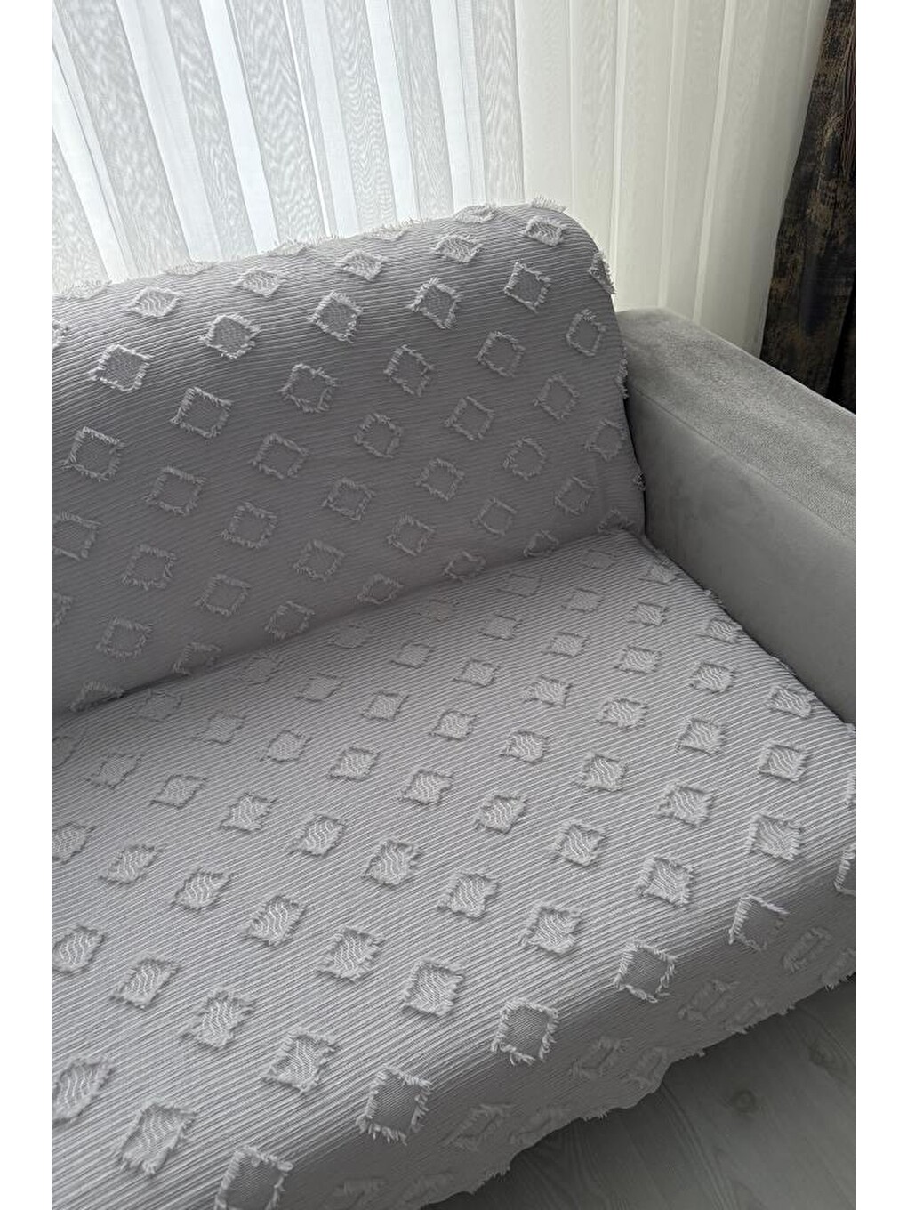 Fitilli Pondü 170x210 Cm Kaymaz Taban Koltuk Örtüsü Gri-1