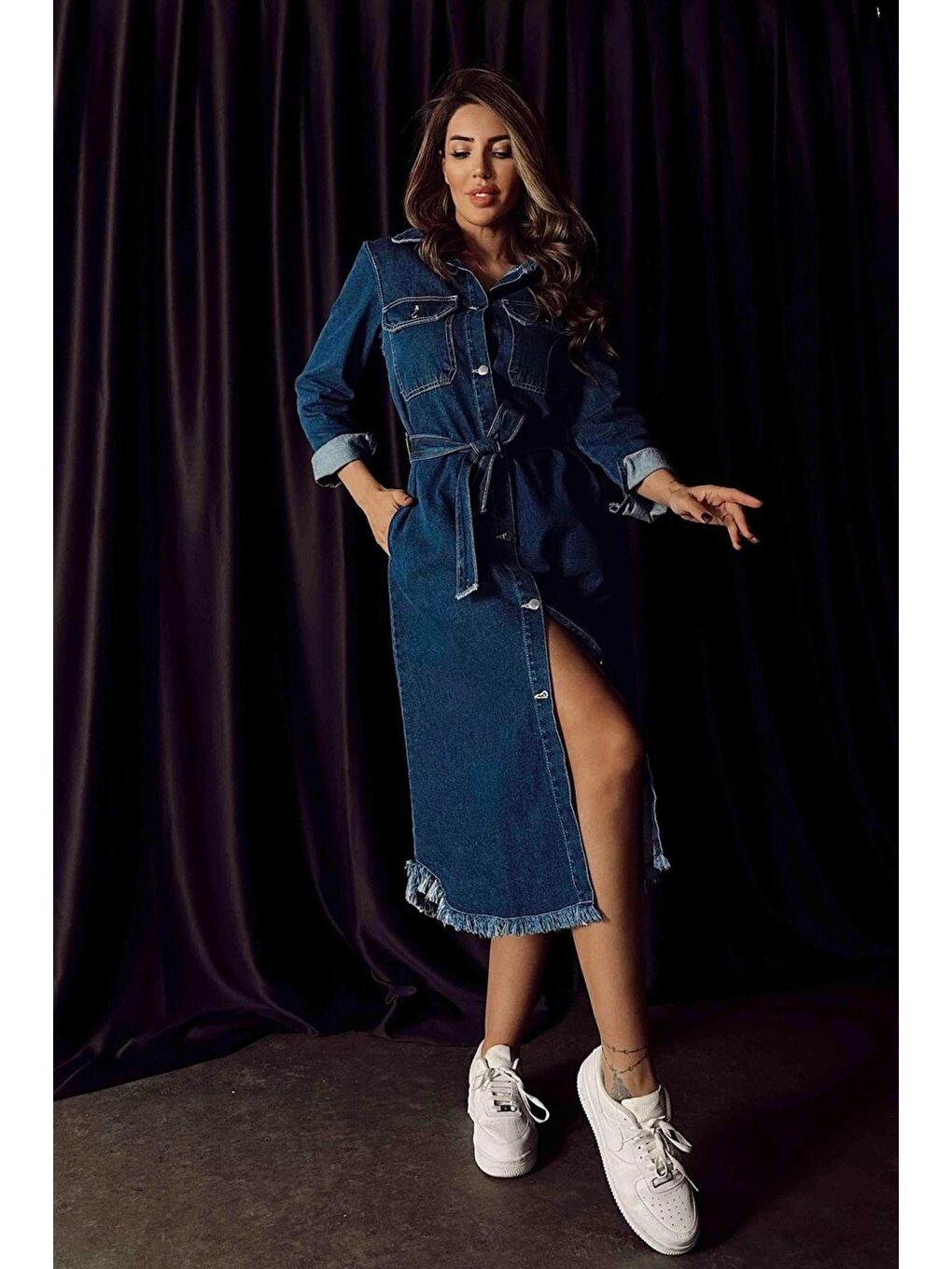 Lacivert Sagi Kadın Kuşaklı Denim Midi Elbise-2