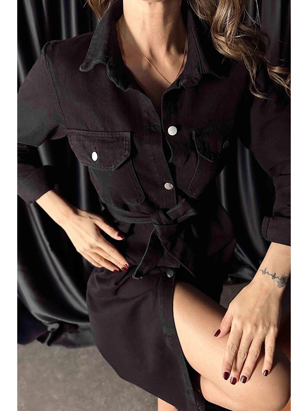 Siyah Sagi Kadın Kuşaklı Denim Midi Elbise-6