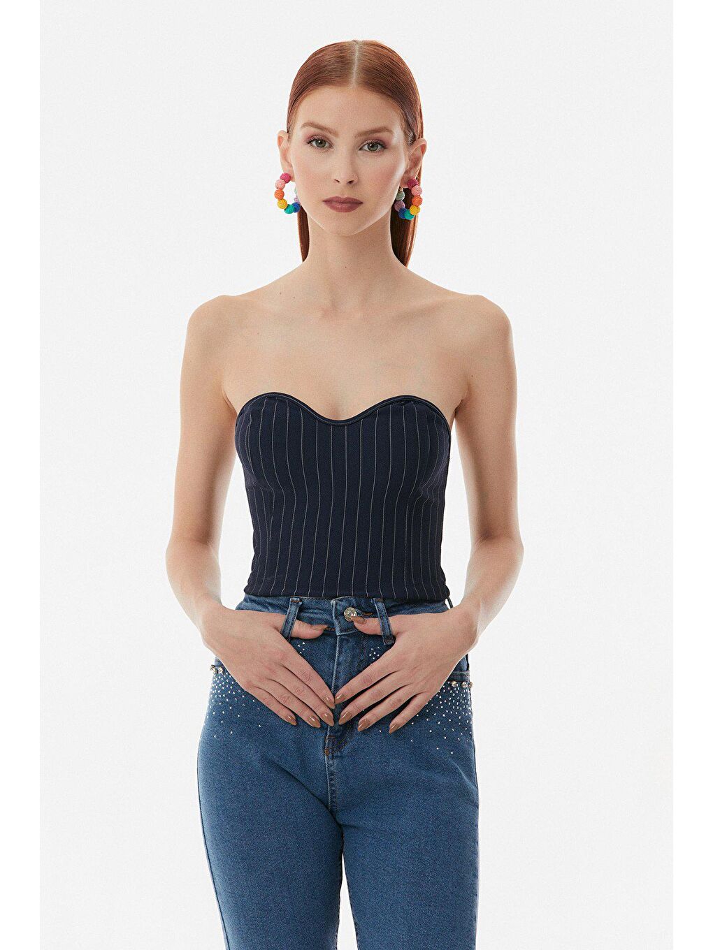 Lacivert Çizgili Slim Fit Crop Bluz