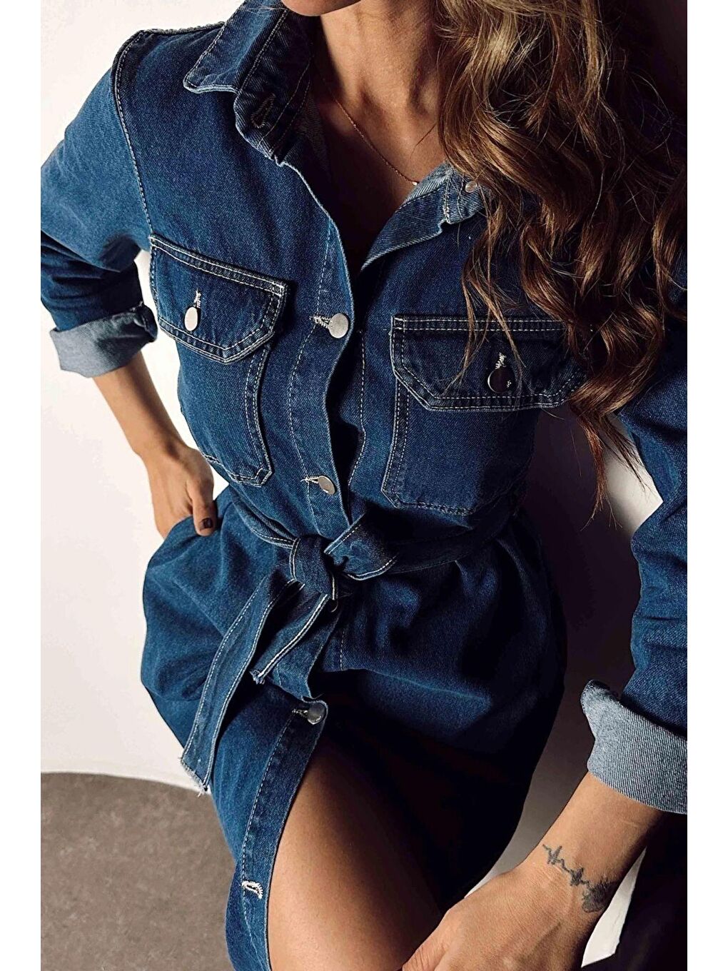 Lacivert Sagi Kadın Kuşaklı Denim Midi Elbise-5