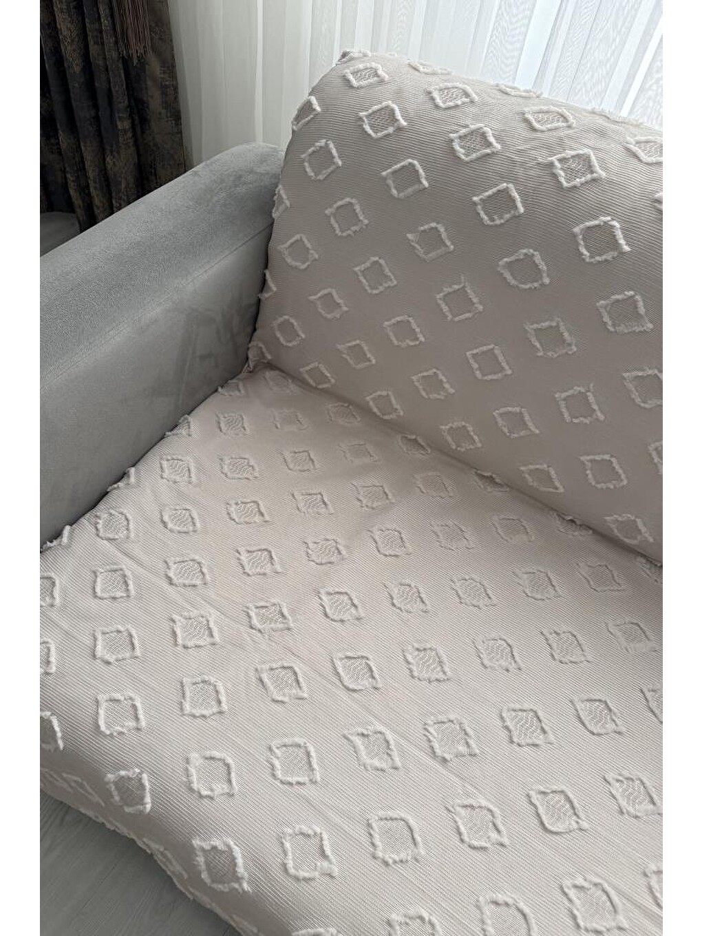 Bej Fitilli Pondü 170x210 Cm Kaymaz Taban Koltuk Örtüsü Vizon-1