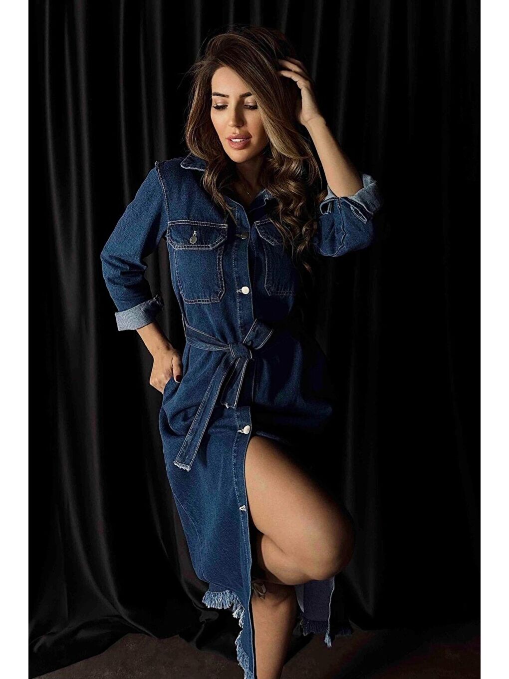 Lacivert Sagi Kadın Kuşaklı Denim Midi Elbise-7