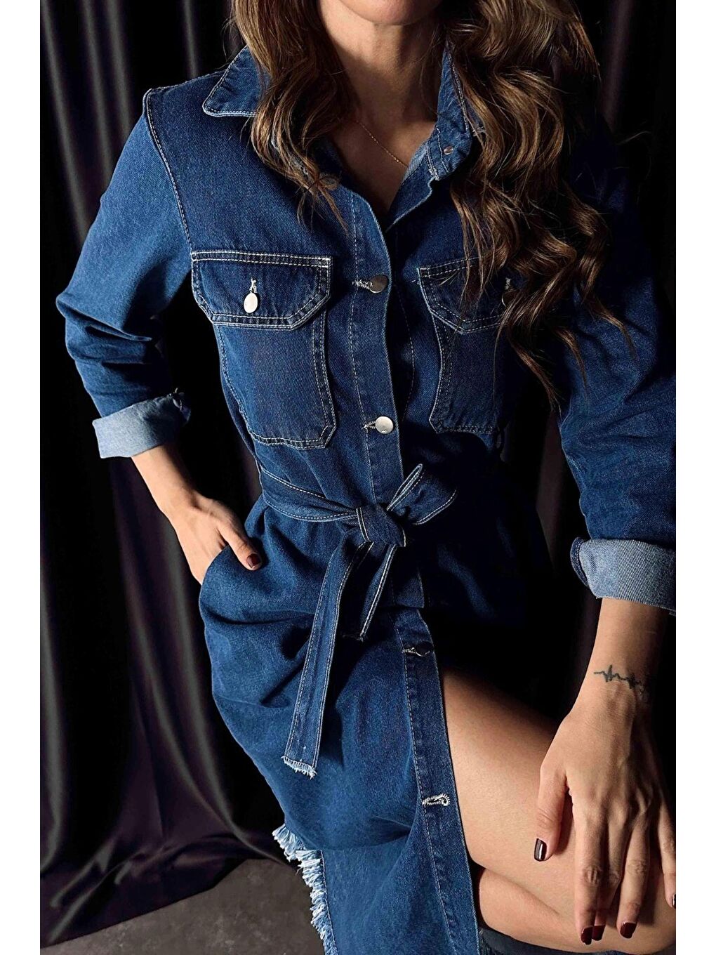 Lacivert Sagi Kadın Kuşaklı Denim Midi Elbise-8