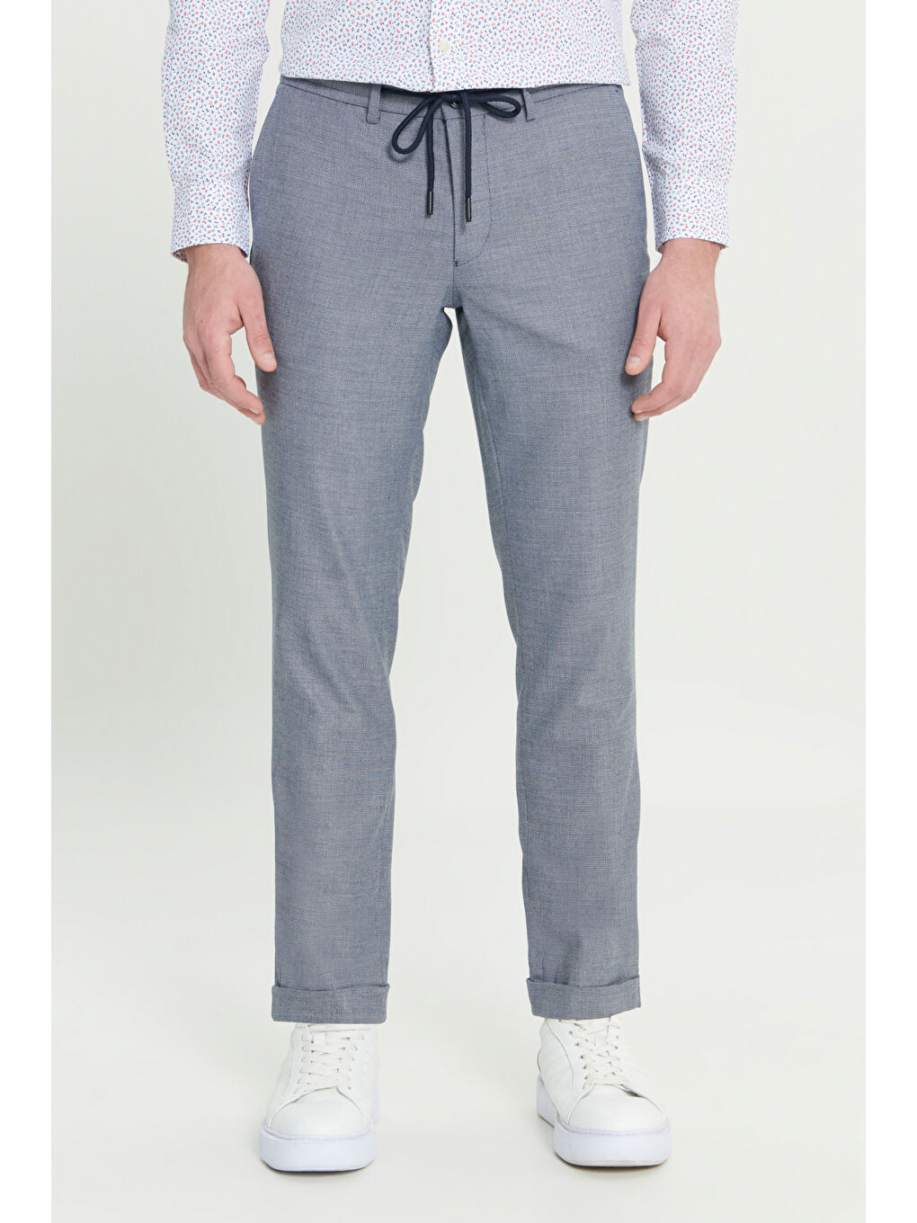 Erkek Lacivert Comfort Fit Rahat Kesim Yan Cepli Desenli Beli Lastikli Pantolon