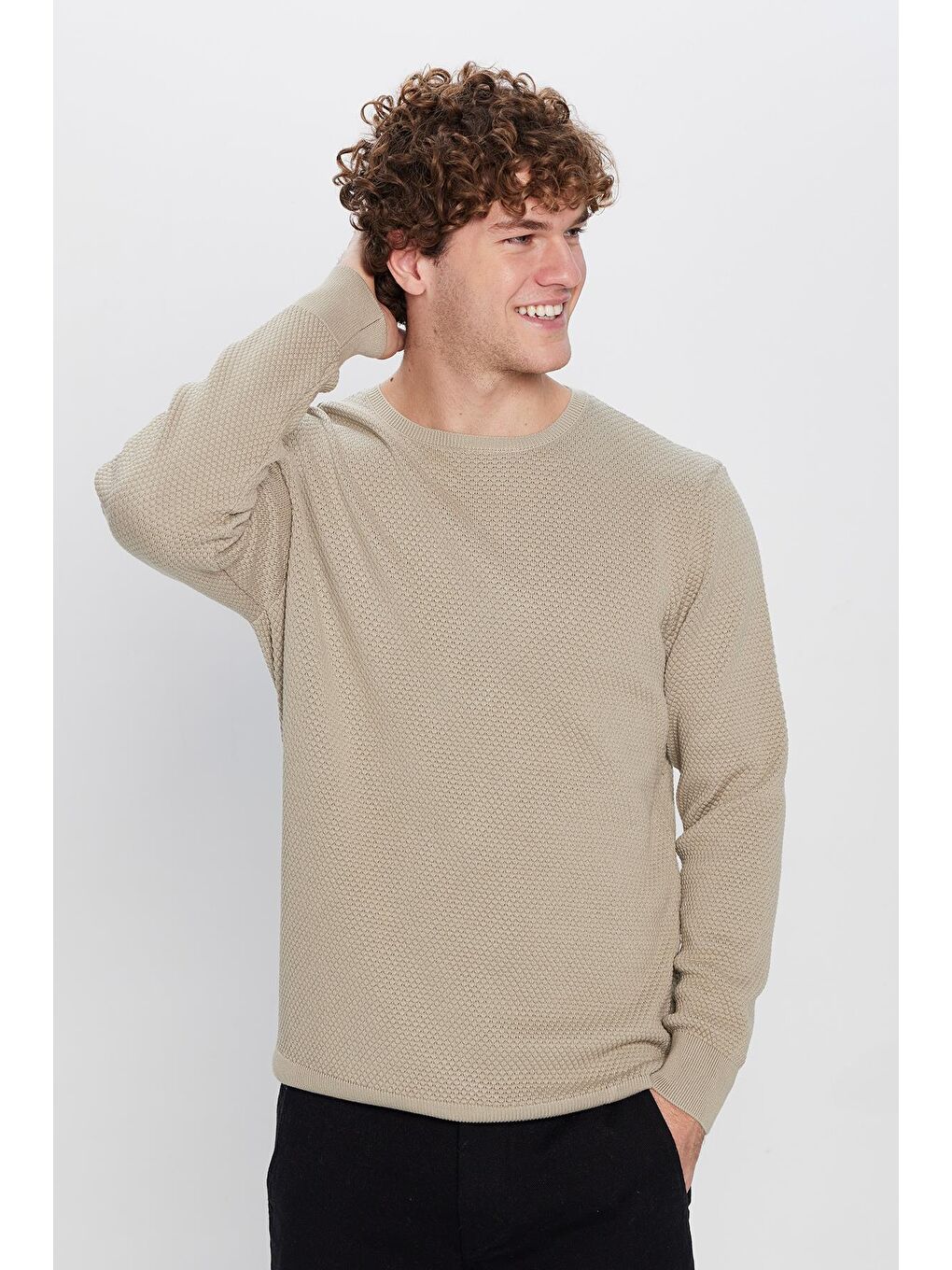 Yeşil Slim Fit Bisiklet Yaka Petek Desenli Erkek Standart Fit Normal Kesim Kazak