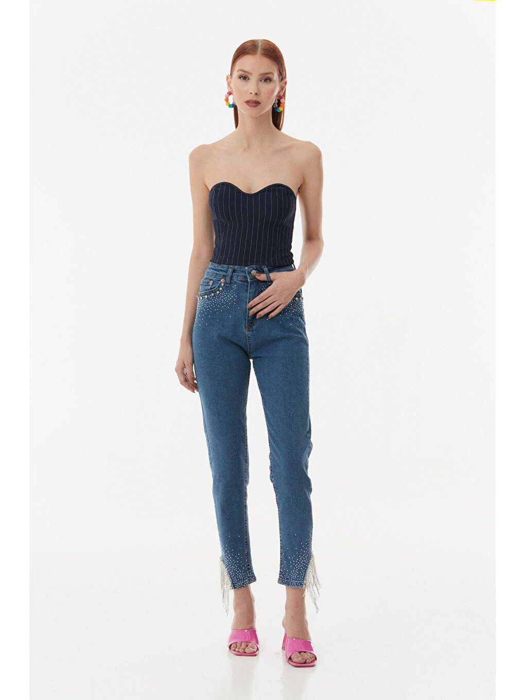 Lacivert Çizgili Slim Fit Crop Bluz-1
