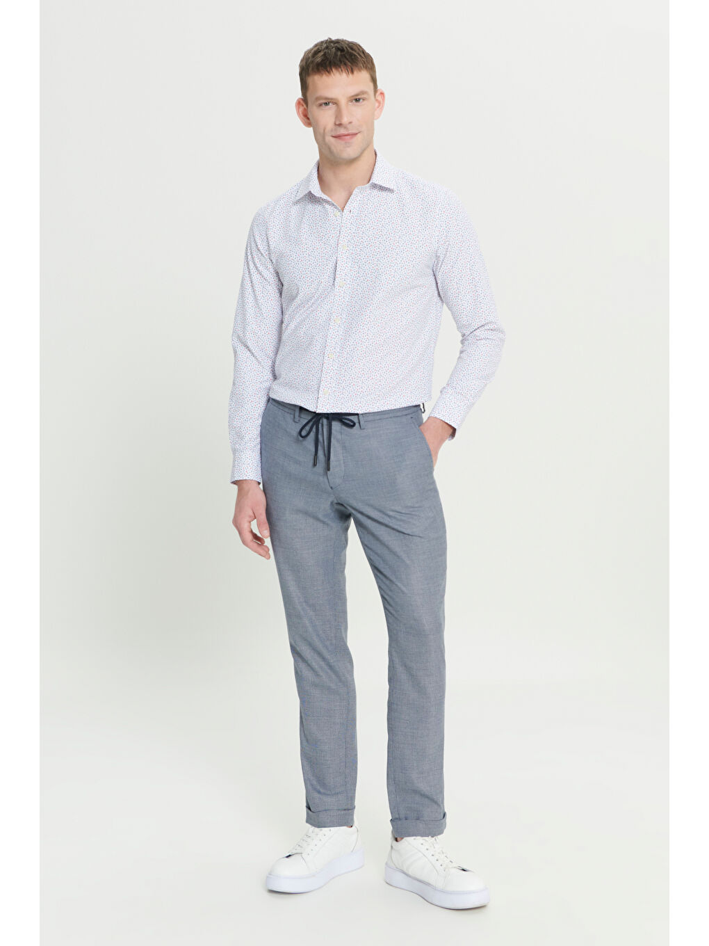 Erkek Lacivert Comfort Fit Rahat Kesim Yan Cepli Desenli Beli Lastikli Pantolon-1