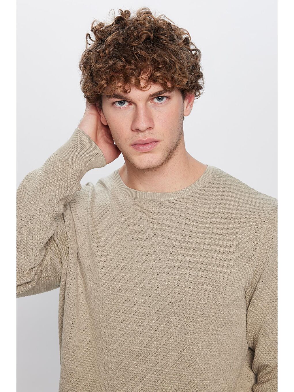 Yeşil Slim Fit Bisiklet Yaka Petek Desenli Erkek Standart Fit Normal Kesim Kazak-1