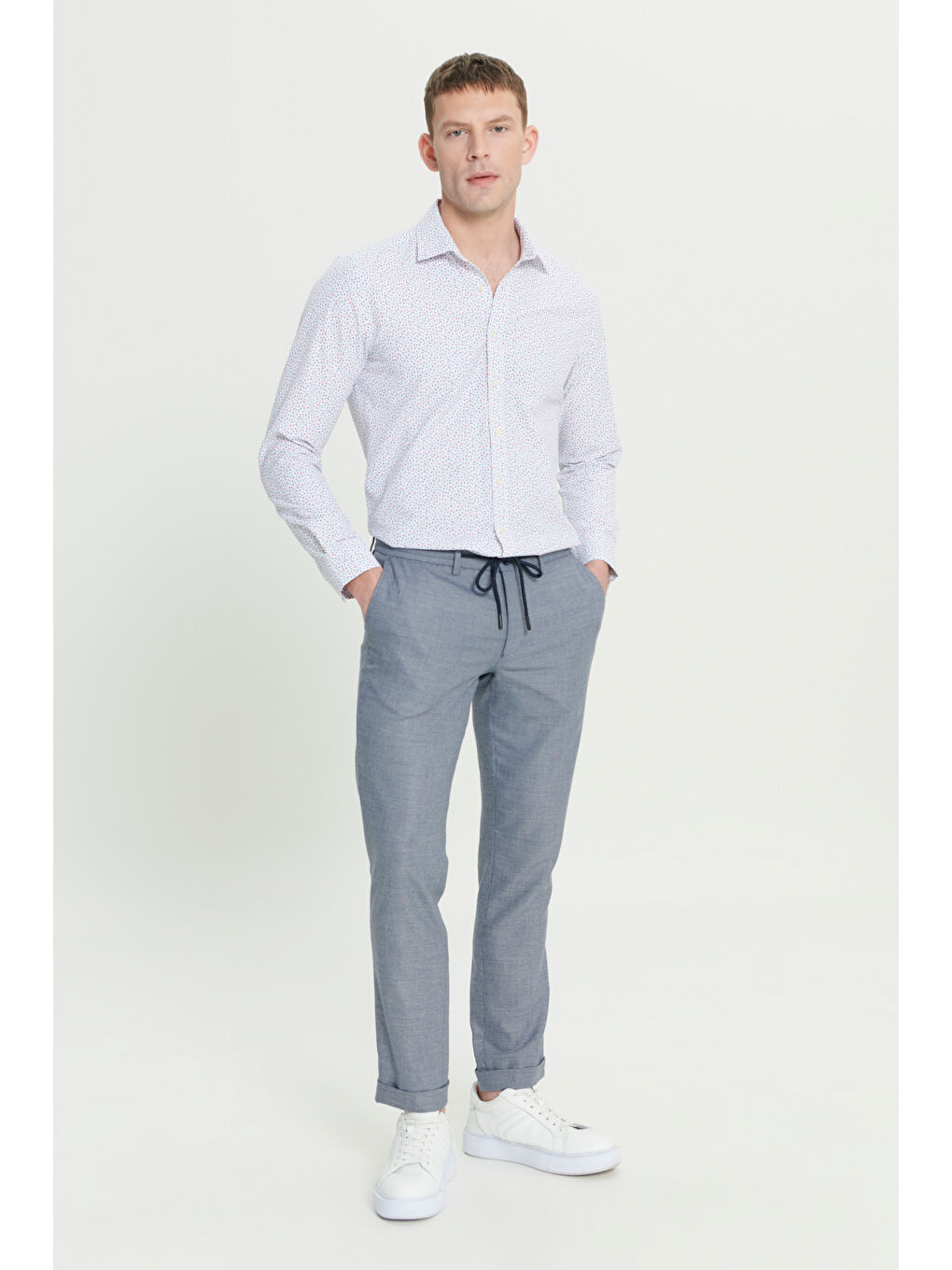 Erkek Lacivert Comfort Fit Rahat Kesim Yan Cepli Desenli Beli Lastikli Pantolon-2