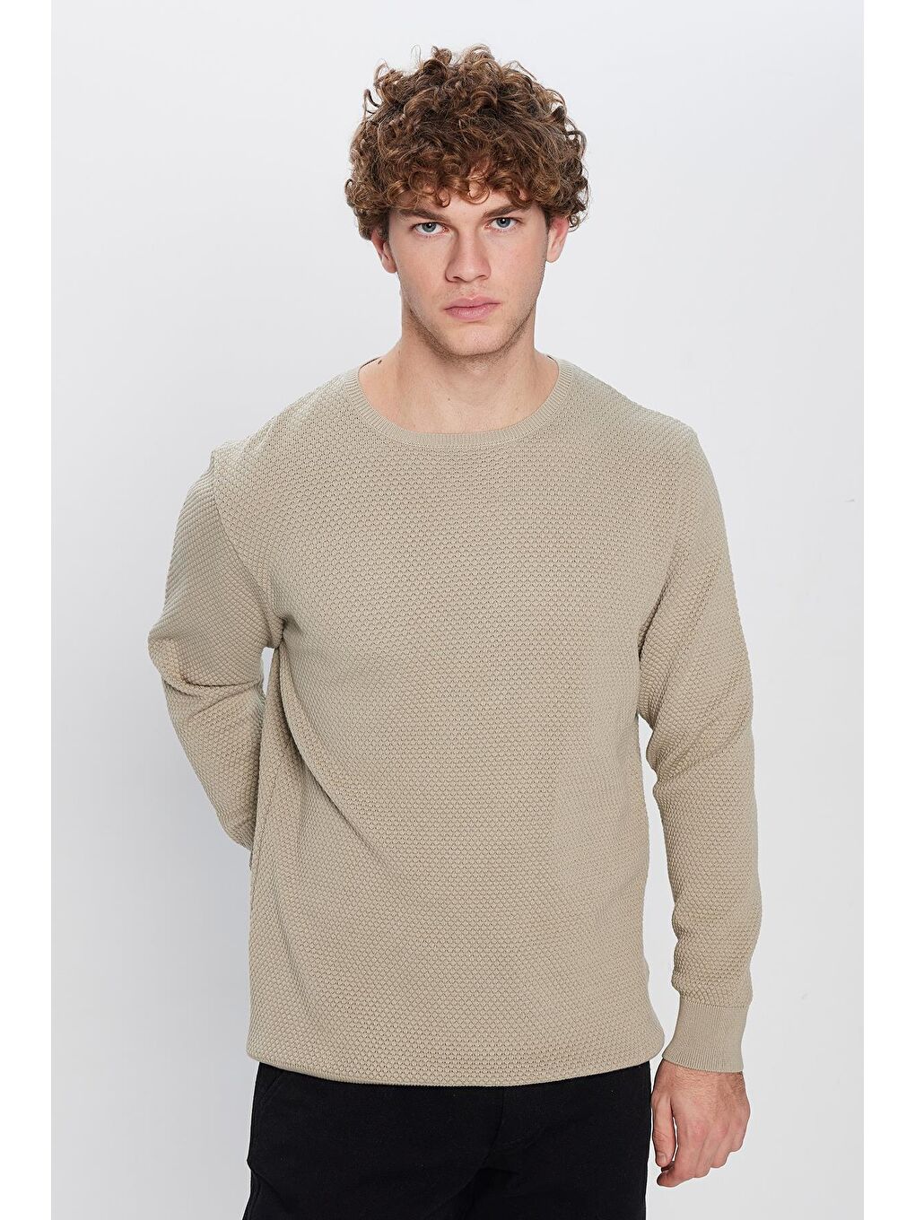 Yeşil Slim Fit Bisiklet Yaka Petek Desenli Erkek Standart Fit Normal Kesim Kazak-3