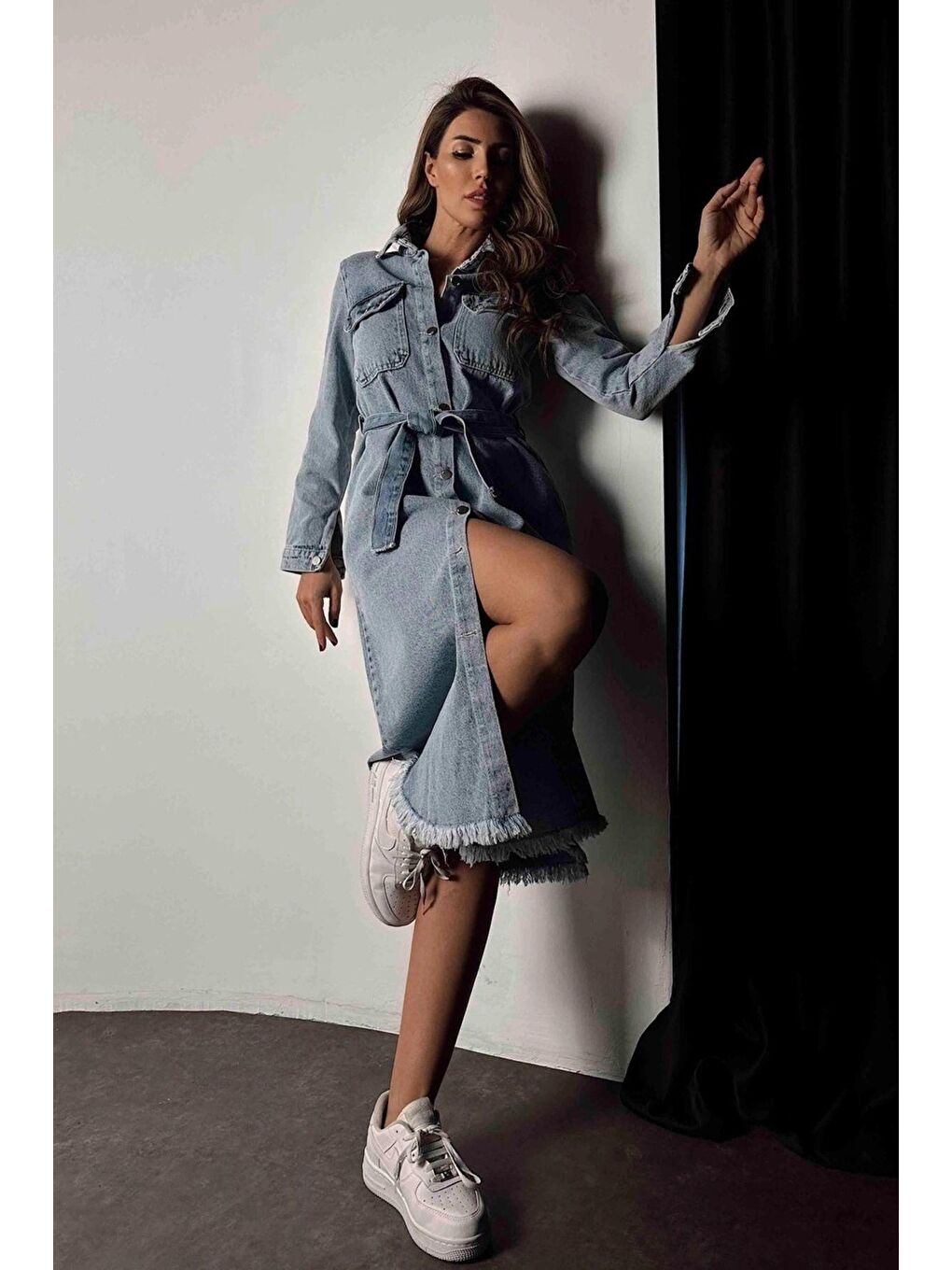 Mavi Sagi Kadın Kuşaklı Denim Midi Elbise-1