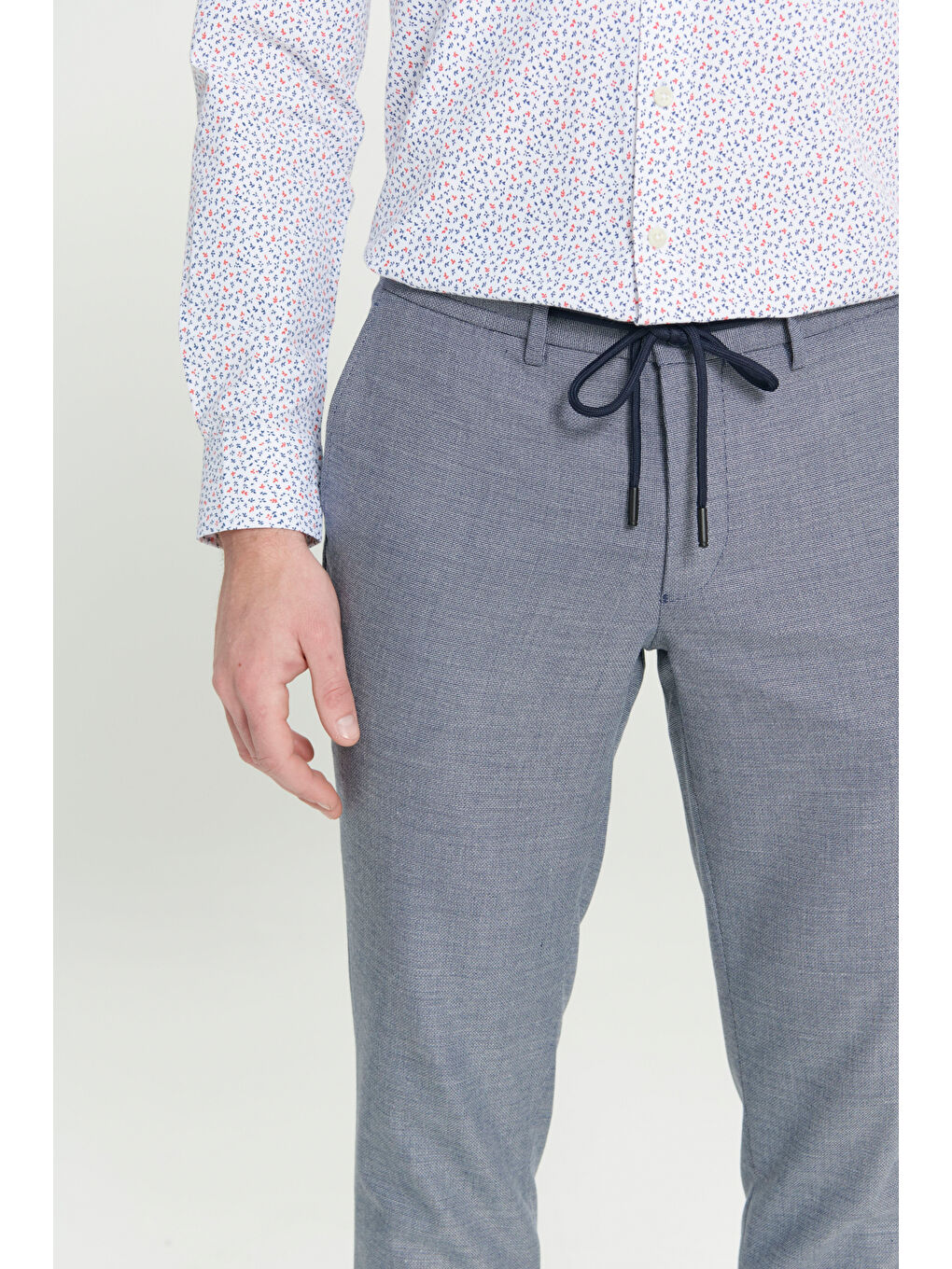 Erkek Lacivert Comfort Fit Rahat Kesim Yan Cepli Desenli Beli Lastikli Pantolon-3