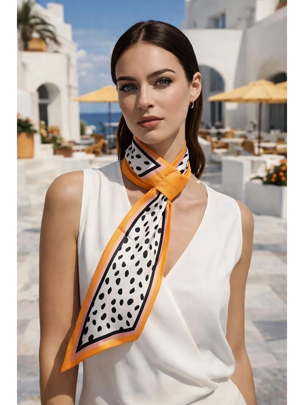 Kadın Turuncu Puantiye Desenli Premium Boyun Fuları FLR1008 TURUNCU-1