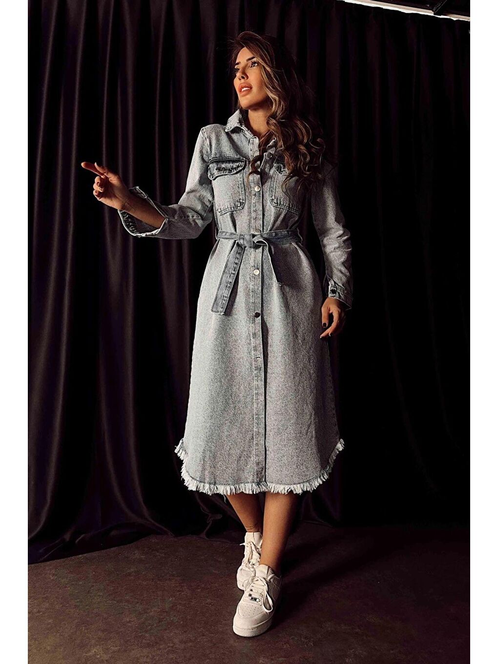 Mavi Sagi Kadın Kuşaklı Denim Midi Elbise-5