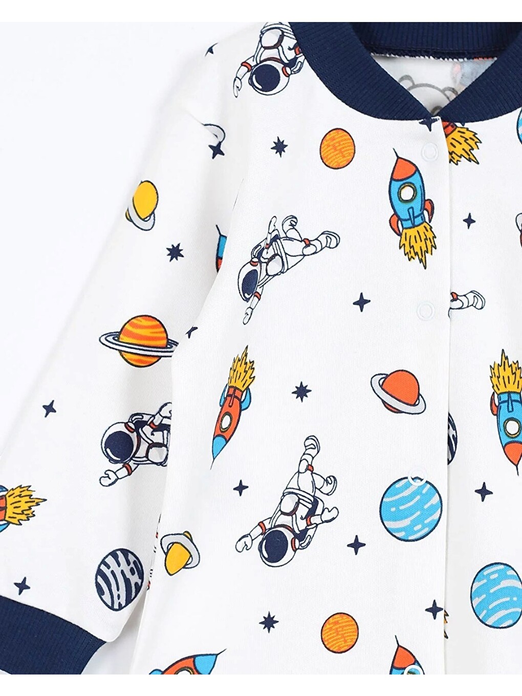 Ekru Erkek Çocuk Çıtçıtlı Astronot Baskılı 0-6 Yaş %100 Pamuklu Mevsimlik Pijama Takımı-4
