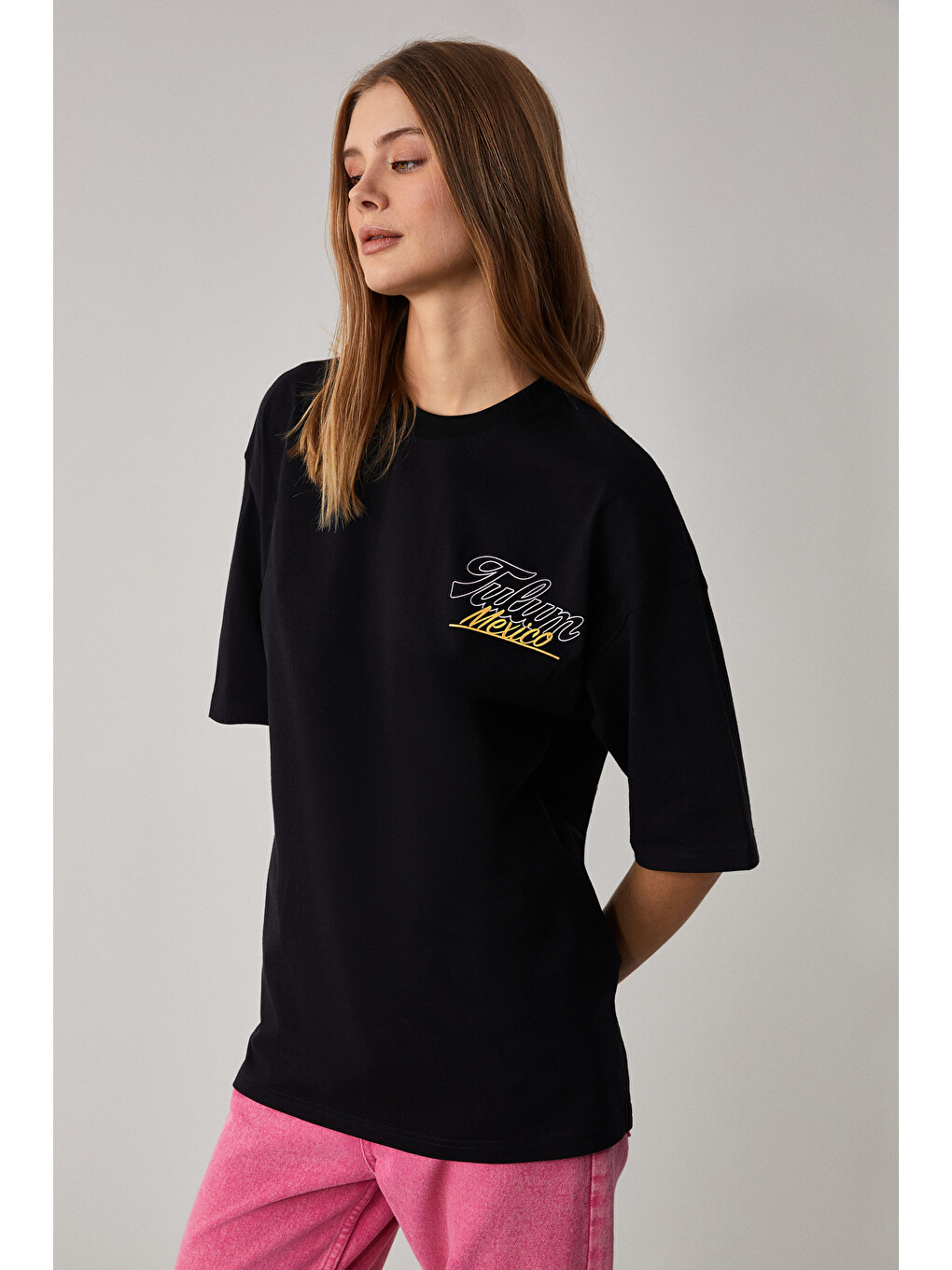 Siyah CAITLYN Kadın Oversize Bisiklet Yaka SİYAH T-Shirt-2