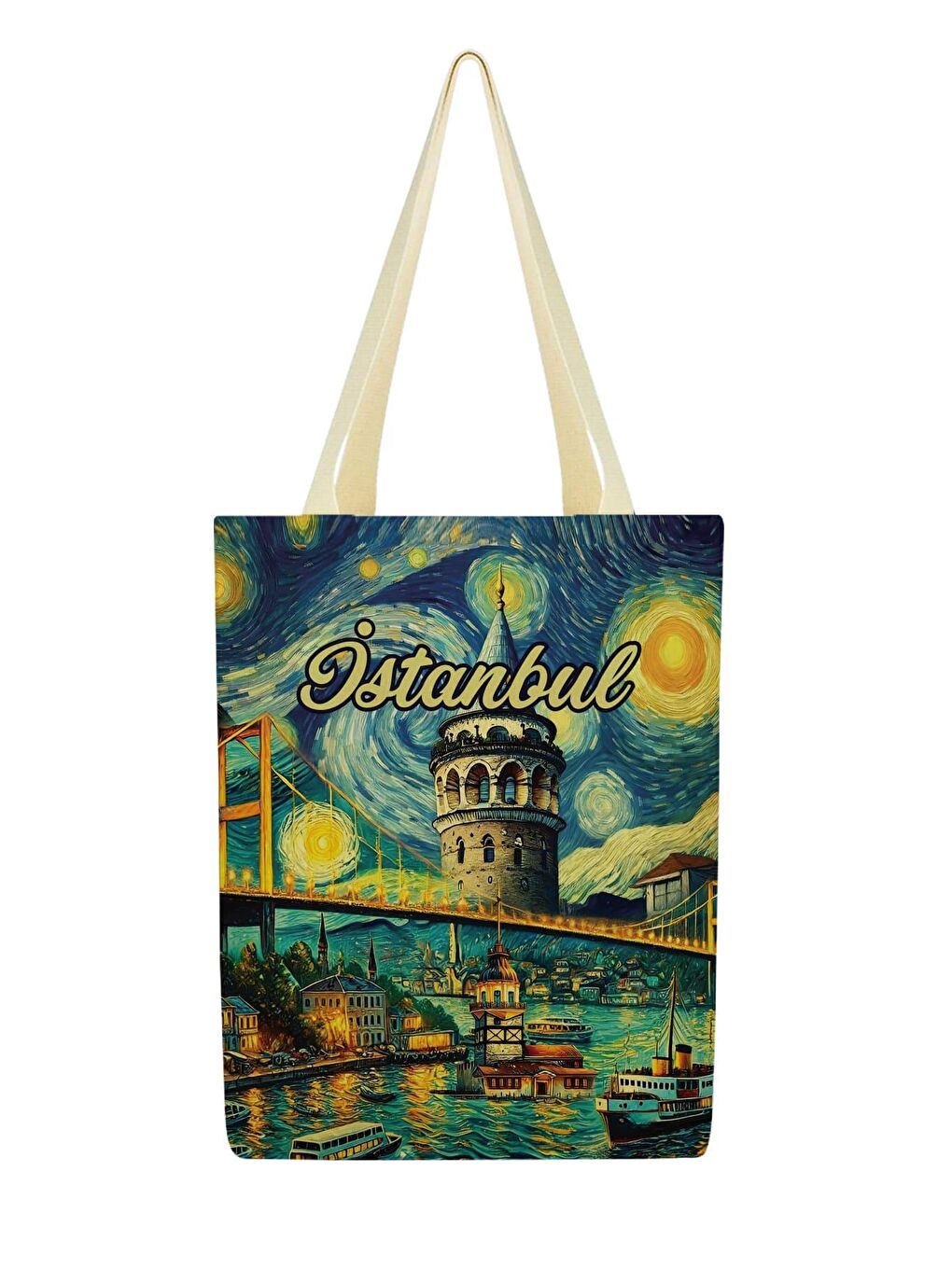 Ekru Kanvas Van Gogh Ve İstanbul Baskılı Bez Çanta