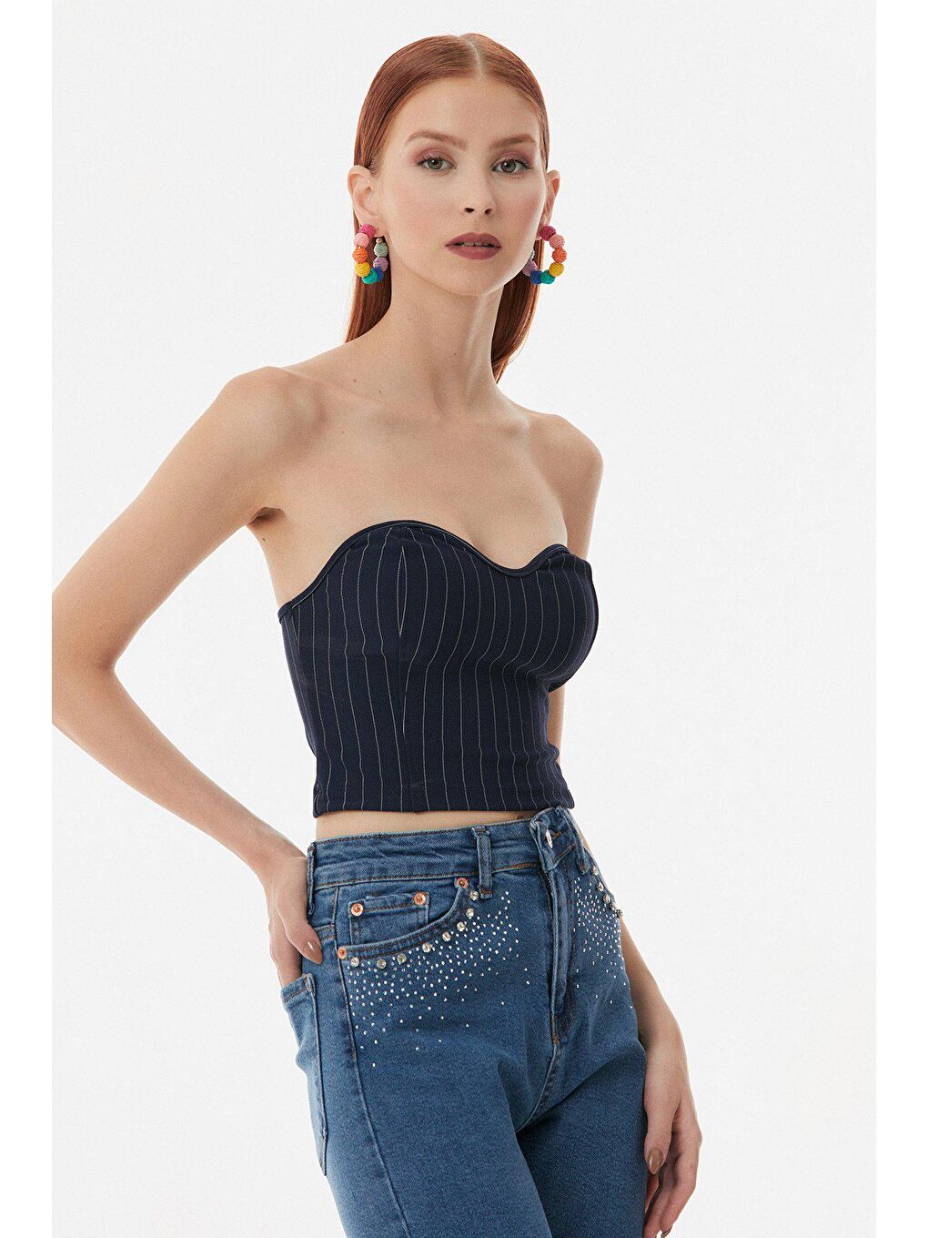 Lacivert Çizgili Slim Fit Crop Bluz-4