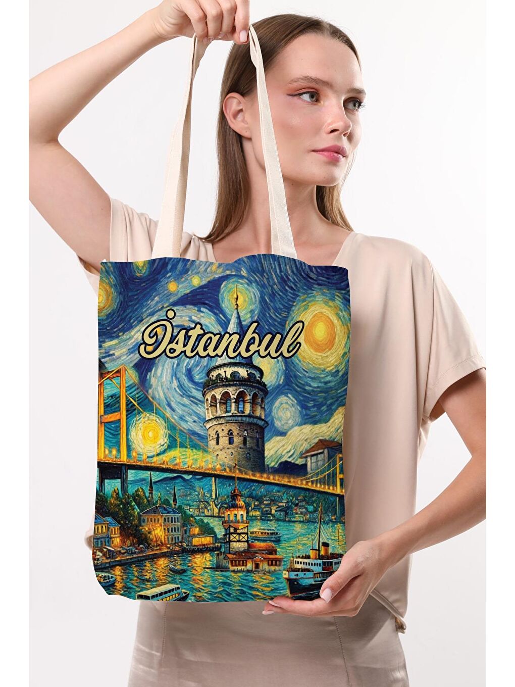 Ekru Kanvas Van Gogh Ve İstanbul Baskılı Bez Çanta-1