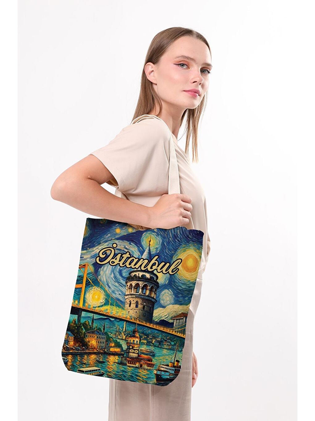 Ekru Kanvas Van Gogh Ve İstanbul Baskılı Bez Çanta-2