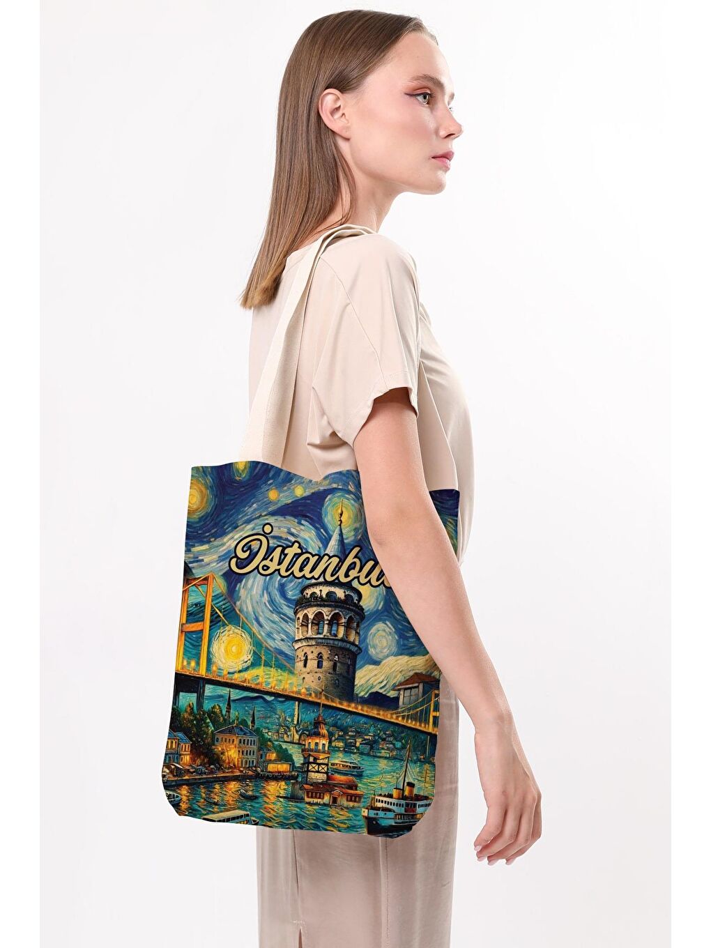 Ekru Kanvas Van Gogh Ve İstanbul Baskılı Bez Çanta-3